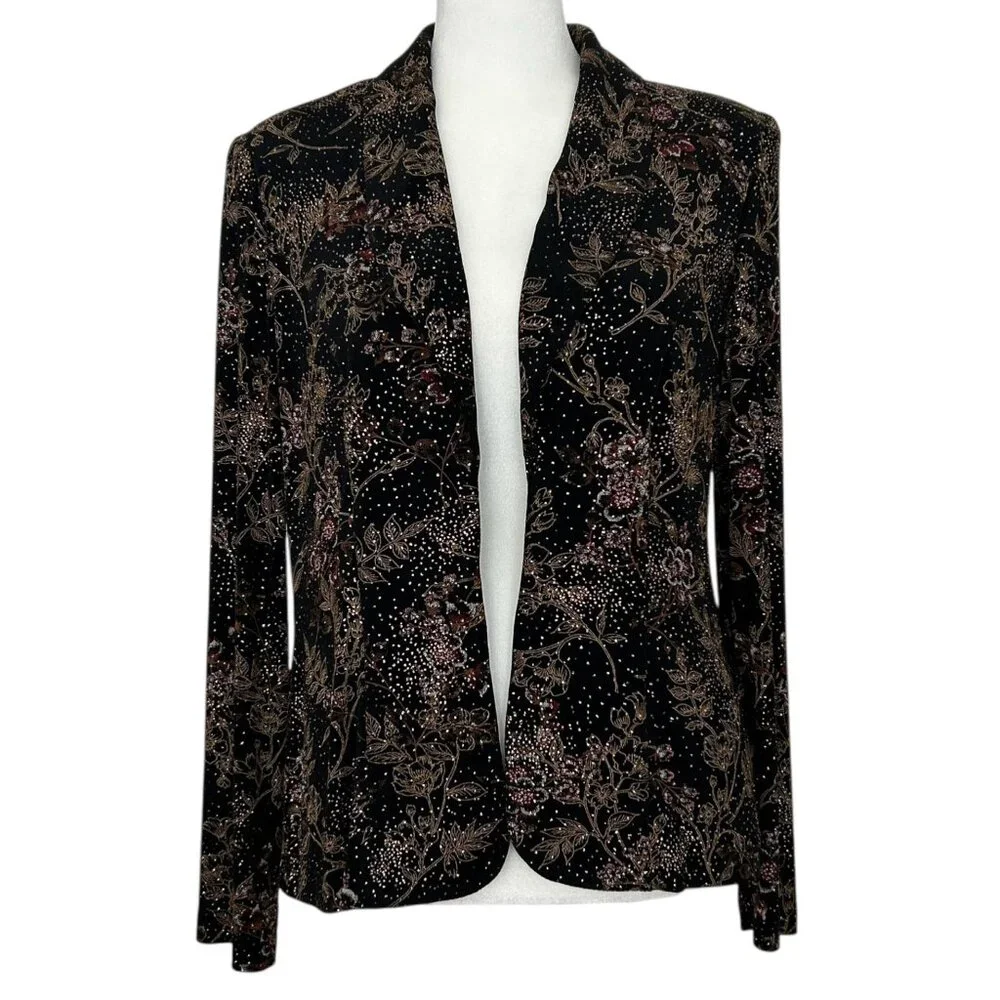 Alex Evenings Vintage Metallic Glitter Floral Design Open Front Jacket (S)